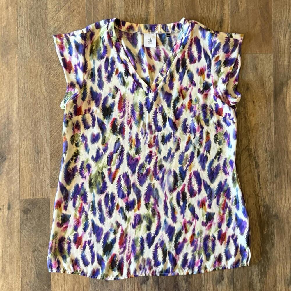 CAbi Feathers Plume Print Multi Color Blouse Small